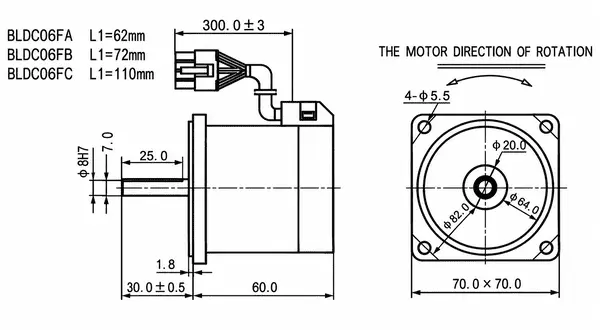 BLDC06F 70 mm 3GN mounting version motor outline dimensions