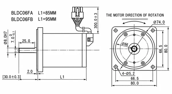 BLDC06F 80 mm 4GN mounting version motor outline dimensions