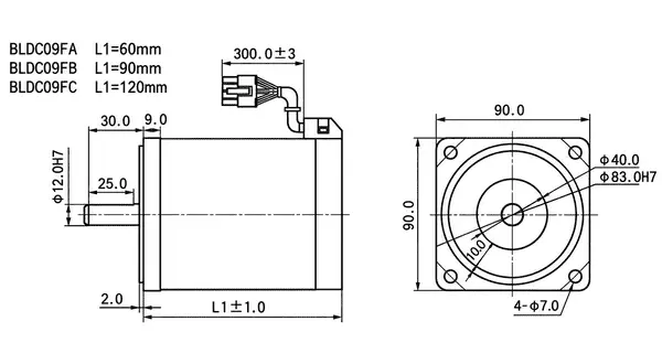 BLDC09 90mm brushless DC motor dimension drawing