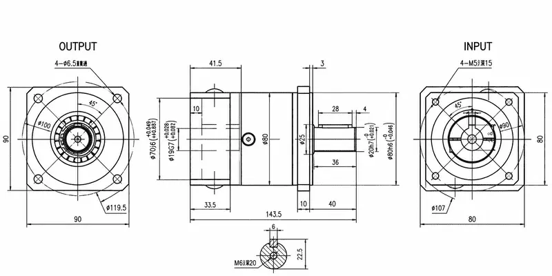 PF80 1-stage servo planetary gearbox drawing, ratio 3:1 to 10:1